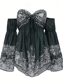 Elegant Bohemian-Style A-Line Mini Skirt With Airy Shoulders, Flared Sleeves, And An Asymmetrical Hem. Perfect For Women's Summer Wear On July 4th. - 墨綠色 - 查看 6