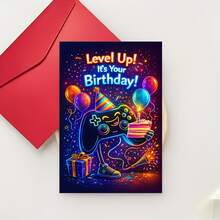 1 张贺卡 + 1 个信封，1 张电子游戏爱好者生日贺卡，送给青少年男孩，庆祝他的生日，贺卡图案包含游戏手柄、蛋糕、气球和礼物。 - 多色 - 查看 11