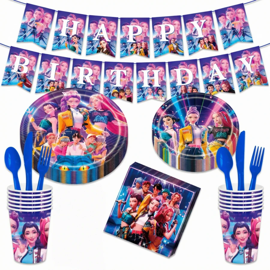 96pcs KPOP Demon Slayer Party Supplies Set, 7/9 Inch Plates, 9 Oz Cups, Birthday Banner, Tablecloth, Napkins, Birthday, Graduation, Summer Party Dinnerware, Disposable Anime Party Goods - Multicolor - View 1