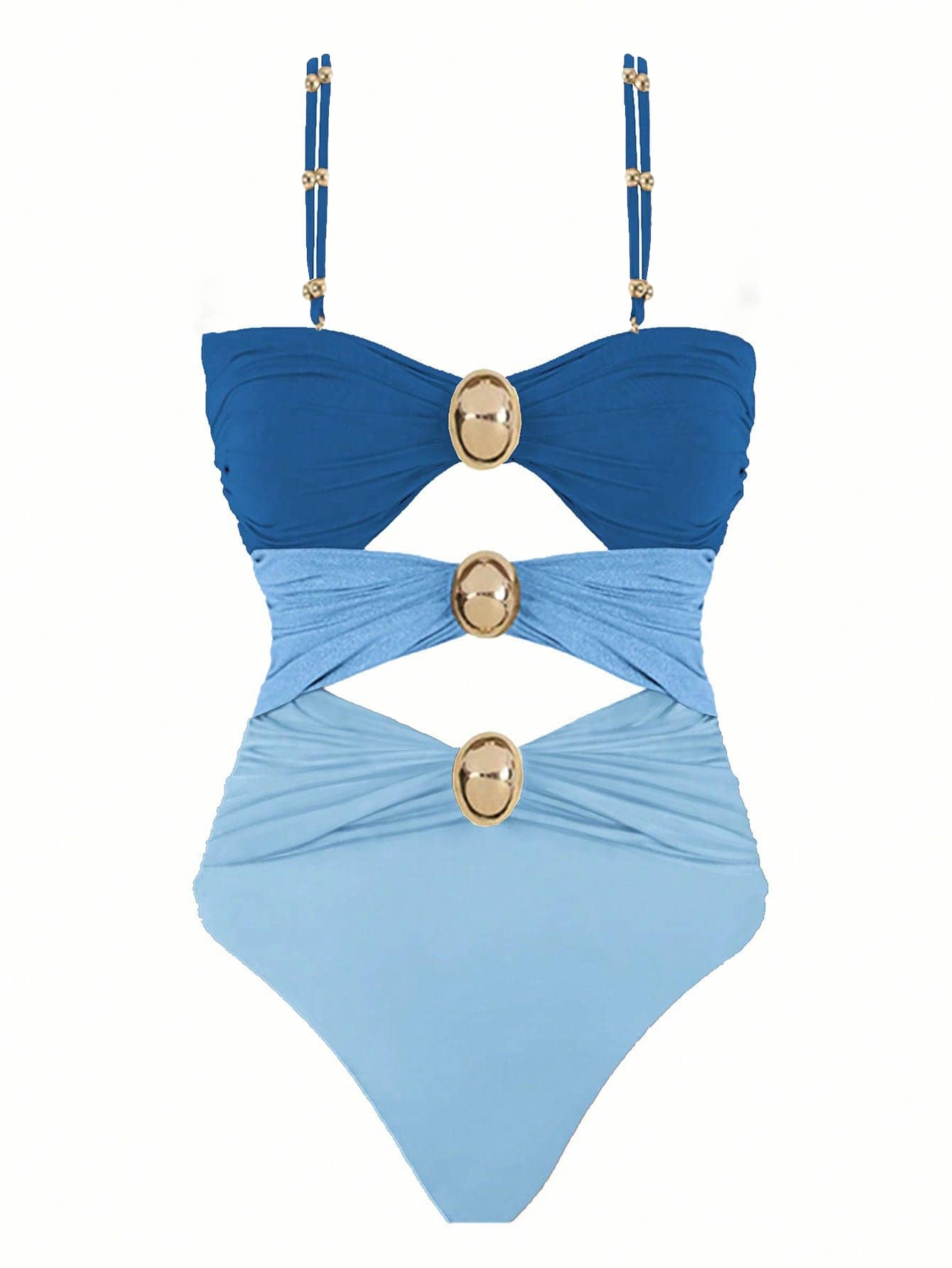 Traje de baño de una pieza con bloques de color y diseño calado para mujer, ideal para vacaciones y playa en verano - Azul - Ver 1