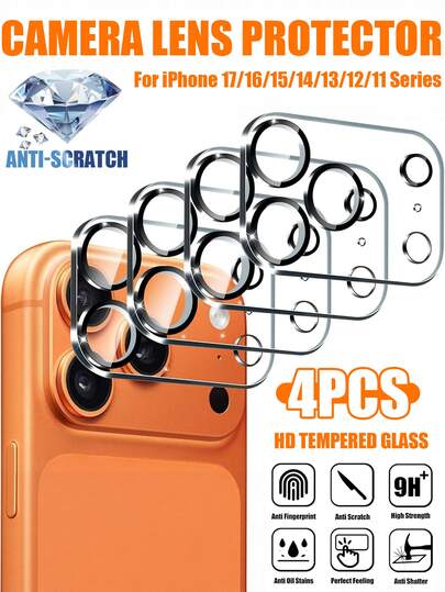 适用于 17/16/15/14/13/12/11 系列的 4 片装高清摄像头镜头保护膜，防刮擦、防震、防摔、防水，全覆盖镜头保护膜