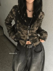 Spring Clothing, Tops, Polka Dot Hoodie, American Military Camouflage Pattern, Cropped, Women's, Double Zipper, Short Length, Oversized, Loose Fit, Slimming Effect, Street Style, Sweet And Edgy, Retro, Casual, Cute For Adults. - 迷彩色 - 查看 3