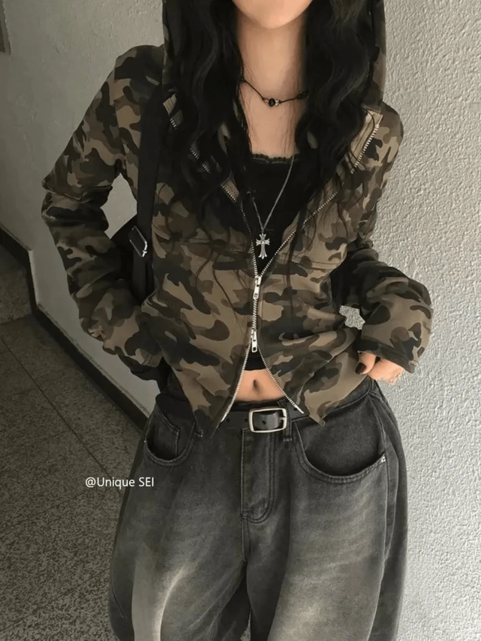 迷彩柄長袖フード付きジャケット  アウター  迷彩柄 アウター UV パーカー  y2k 迷彩柄 フード付きジャケット レディース 長袖 スリムフィット 細見え アウター 春秋 ストリート系 おしゃれ 大きいサイズ  ショート - 迷彩色 - 見る 3