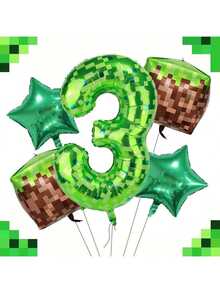 Set de 5 globos con números de temática de juego de píxeles, adecuado para fiestas y celebraciones de cumpleaños, decoración de pared - 1 - Ver 5