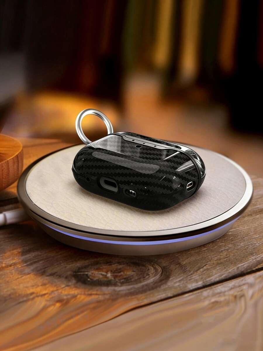 1pc Carbon Fiber Apple Protective Case With Keychain, Compatible With Apple 2nd Gen Charging Case - Black - View 1