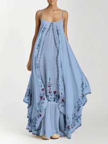 Fashionable Women Sleeveless Floral Print Slip Dress Asymmetrical Loose Comfy Dress,Cocktail Party, Party, Christmas, Nightclub, Banquet, Film Festival, Cinema, Dance Party, Cocktail Party, Bar, Wedding, Graduation Ceremony, Back-To-School, Birthday Party, Rebellious Girl, Festival-Themed Party, Outwear, Street Fashion, Fashion Show, Date, Valentine's Day, Going Out To Work At University, School, Village, Concert, Street Girl, Young Girl, Country Outfits For Women, Best Outwear For Women, Women's Vacation Clothing, Country Concert Outfit, Country Outfits For Women, Streetwear, Concert Outfit For Women, Boho Women's Clothing, Country Concert Outfit, Concert Outfits, Vaquera Outfit, Y2K Clothes, Women's Club Outfits, Y2K Women's Clothes, Women's Clothing, Country Concert Outfit For Women - 藍色 - 查看 2