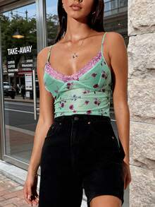Women's Floral Print Mesh Cami Top,Lace Patchwork Sleeveless V Neck Spaghetti Straps Crop Tank Top Party Clubwear Going Out Outfits - 綠色 - 查看 3