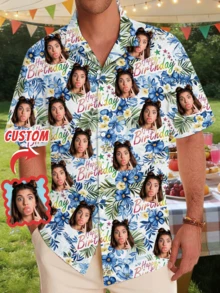 1pc Customizable Hawaiian Shirt For Men, Personalized Birthday Party Outfit, Birthday Gift For Family, Brazil Collar Button-Down Shirt, Personalized Funny Face Print Short Sleeve Shirt, Customized Graphic Print, Birthday/Holiday Gift For Boyfriend, Husband, Family, Friends, Aloha Shirt - Multicolor - View 2