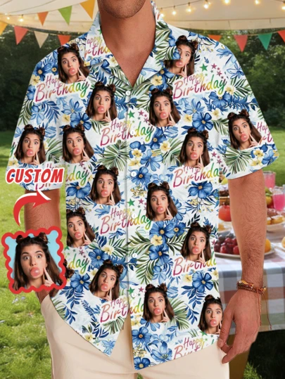1pc Customizable Hawaiian Shirt For Men, Personalized Birthday Party Outfit, Birthday Gift For Family, Brazil Collar Button-Down Shirt, Personalized Funny Face Print Short Sleeve Shirt, Customized Graphic Print, Birthday/Holiday Gift For Boyfriend, Husband, Family, Friends