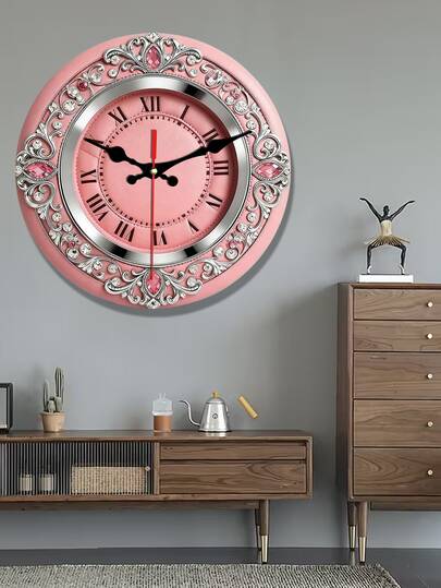 2D Flat. 1pc. Pink Carved Gemstone-Themed Wooden Wall Clock, Silent Decorative Clock, Creative Wall Clock, Suitable For Decoration In Bedroom, Living Room, And Office, 25/30cm (Excluding AA Batteries), 2D Flat