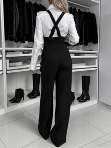 Women's New Metal Button Decor Solid Color Double-Breasted Jumpsuit, Office & Casual Wear, Spring/Summer Black Elegant - Black - View 2