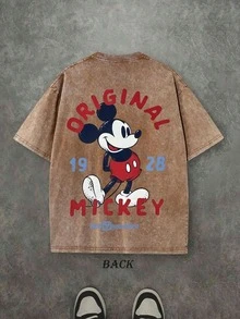 Disney Mickey Mouse Men's Summer T-Shirt, Distressed Finish, Pure Cotton Fabric, Comfortable And Breathable, Casual Outdoor Street Style, Crew Neck; A High-Quality Brand, It's The Ideal Surprise Gift For Family And Friends. - 咖啡棕 - 查看 1