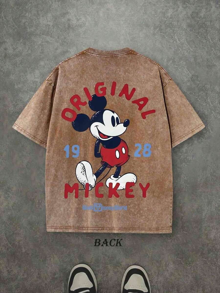 Disney Mickey Mouse Men's Summer T-Shirt, Distressed Finish, Pure Cotton Fabric, Comfortable And Breathable, Casual Outdoor Street Style, Crew Neck; A High-Quality Brand, It's The Ideal Surprise Gift For Family And Friends. - 咖啡棕 - 查看 1