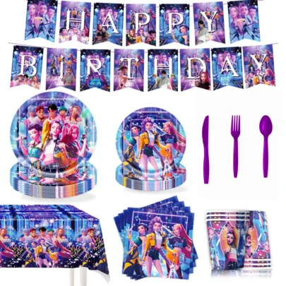 动漫派对用品套装，包含96件一次性餐具，配有横幅、9英寸和7英寸餐盘、9盎司杯子、刀叉、餐巾纸和桌布，适合女孩主题派对