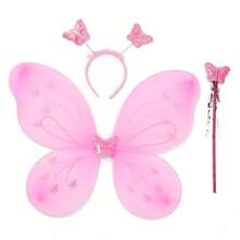 3件套节日派对用品，蝴蝶主题派对用品，蝴蝶翅膀仙女棒蓬蓬裙角色扮演节日舞台派对小公主仙女裙 - 粉色 - 查看 6