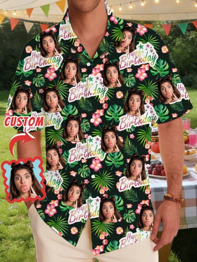 1pc Customizable Hawaiian Shirt For Men, Personalized Birthday Party Outfit, Birthday Gift For Family, Brazil Collar Button-Down Shirt, Personalized Funny Face Print Short Sleeve Shirt, Customized Graphic Print, Birthday/Holiday Gift For Boyfriend, Husband, Family, Friends