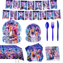 Hasbro 96件套韩流动漫主题派对用品套装，包含一次性餐具套装（含横幅）、9英寸和7英寸餐盘、9盎司杯子、刀叉、餐巾纸和桌布，适合女孩主题派对 - 彩色 - 查看 2
