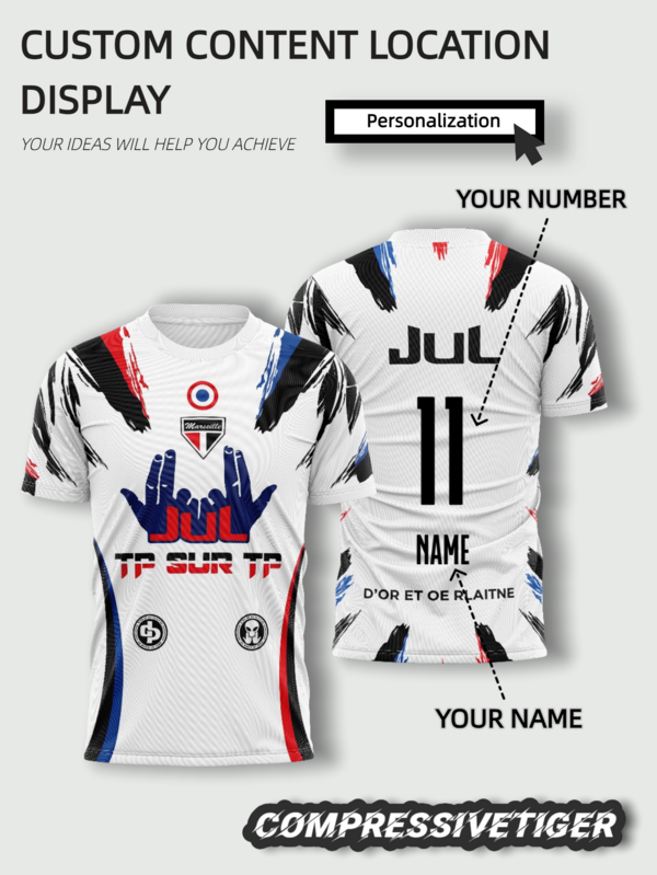 Customized White JUL Football Jersey | Personalize With Your Name And Number | Hip Hop Style Soccer Shirt | White With Black, Red And Blue Brush Stroke Design | Suitable For Concerts, Football, Basketball And Volleyball Games, As Well As Everyday Wear | Fully Customizable Urban Streetwear, An Ideal Gift For Boyfriend Summer