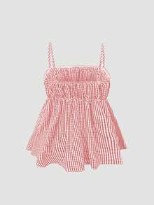 Top de tirantes con volantes y textura de burbujas a cuadros minimalista para mujer, conjunto de estilo de vacaciones para el verano, blusas de primavera - Rosa Pálido - Ver 3