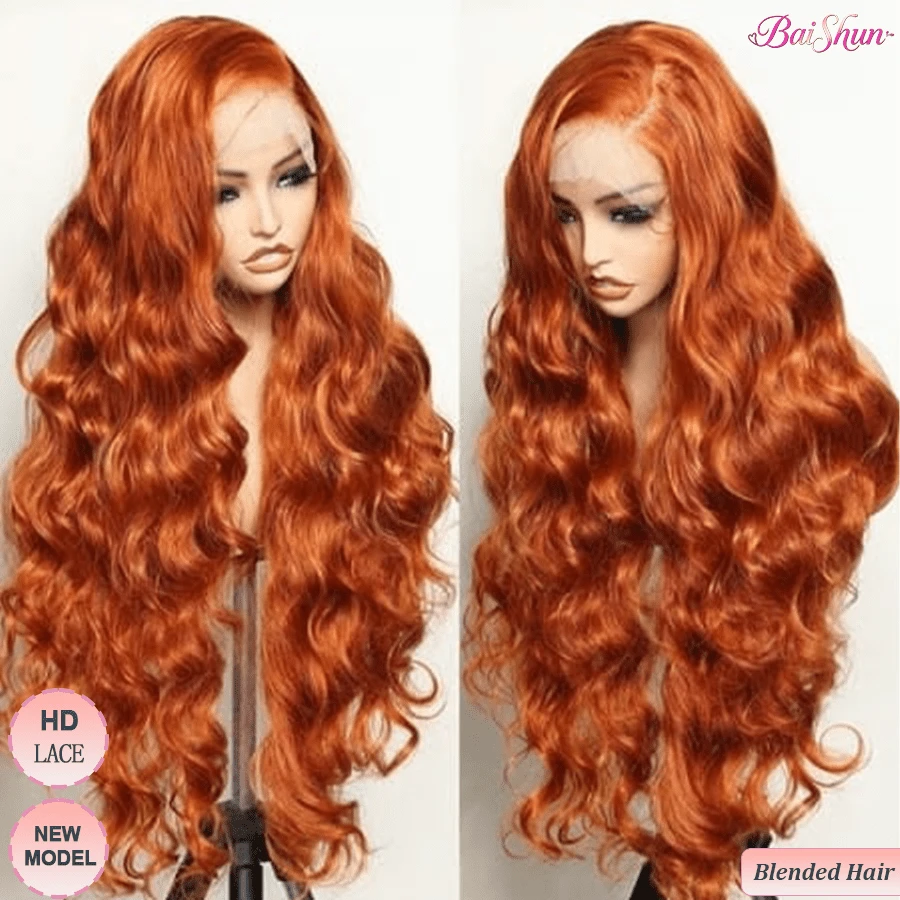 13x4 Wavy Texture Mixed Hair Density 200% 26 Inch High Definition Human Hair Lace Front Wig For Women With Baby Hair #350 Ginger Orange