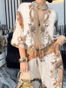 1 套优雅波西米亚图案交叉两件套女士服装，适合办公室和街头穿着，春夏季 - 彩色 - 查看 2