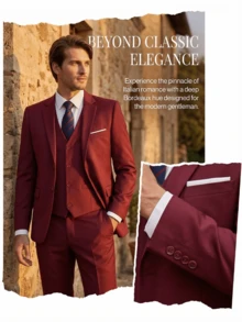 Men's 3 PiecesSuit Set Blazer&Vest&Pants Wedding Groom Attire Elegant Tuxedo Men Clothes For Special Occasions Wedding Receptions Gala Dinners Classic - Burgundy - View 5