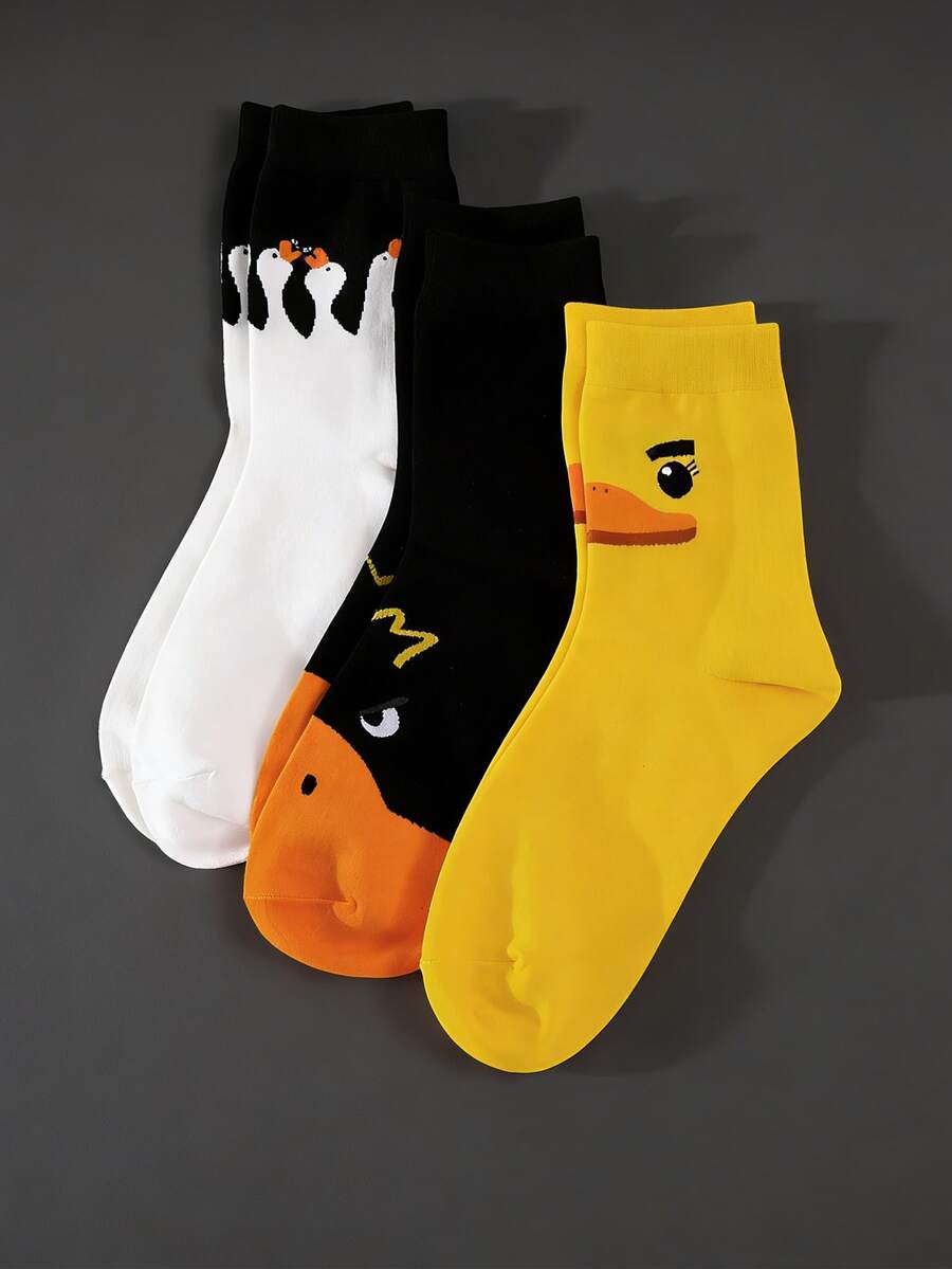 3双可爱小鸭图案中筒袜，舒适透气 - 彩色 - 查看 1