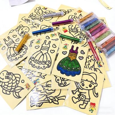 1/10/40片装儿童闪光贴纸艺术套装，幼儿园DIY闪亮手工绘画，彩色闪光涂色，返校教室礼物玩具（含闪光粉，图案和颜色随机，不含竹签）