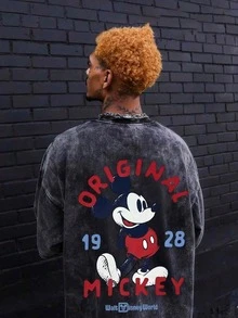 Disney Mickey Mouse Men's Summer T-Shirt, Distressed Finish, Pure Cotton Fabric, Comfortable And Breathable, Casual Outdoor Street Style, Crew Neck; A High-Quality Brand, It's The Ideal Surprise Gift For Family And Friends. - 黑色 - 查看 3