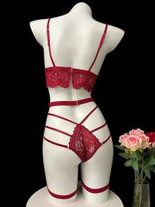 Conjunto de 2 piezas de lencería sexy con encaje, pijama sexy para mujer, camisa de cita, traje de bikini de tres puntos, conjunto de ropa interior para mujer - Rojo - Ver 4