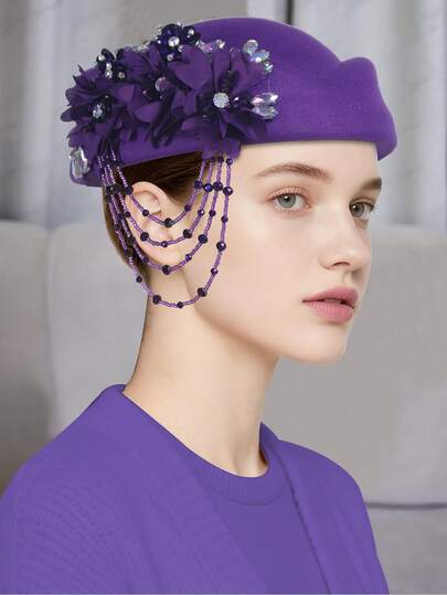 1pc Women's Solid Color Felt Hat, Women's Small Round Hat, Derby Hat, Elegant Floral Decorated Ladies Tea Party Hat, Retro Beret, Fashionable Rhinestone Embellished Soft Felt Hat, Suitable For Cosplay, Wedding Parties And Other Occasions, An Excellent Gift For Women