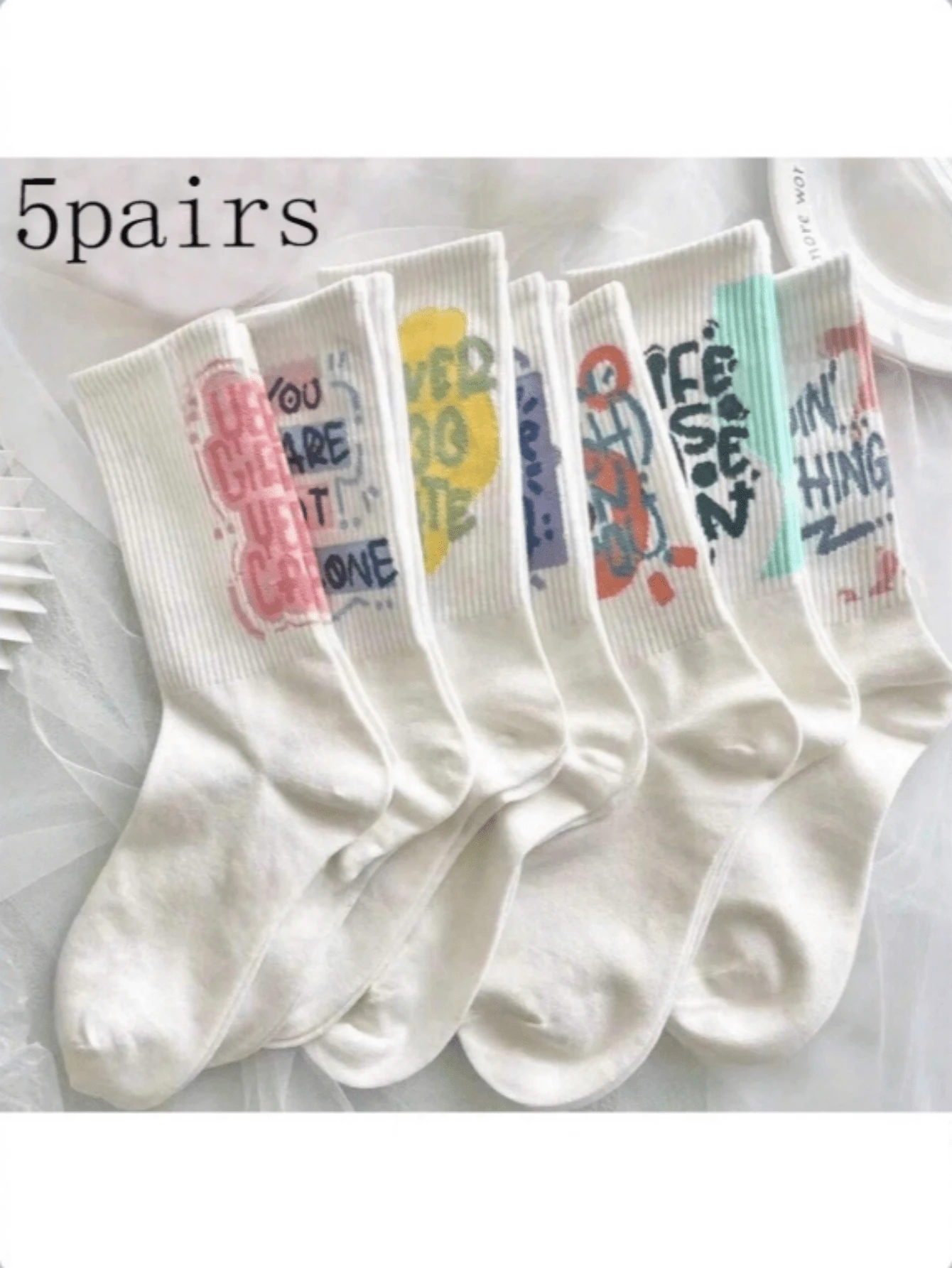 5 Pairs Random Assorted Women's Mid-Calf Socks, Versatile Daily Wear & Sports, White Long Tube Socks For Spring, Autumn - Multicolor - View 1