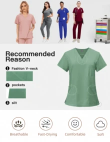 Women's V-Neck Scrub Set, Stretchy Nurse Uniform With Jogger Pants & Multi-Pockets, Short Sleeve, Breathable & Lightweight For Hospital, Spa, Beauty Salon - Dusty Blue - View 8