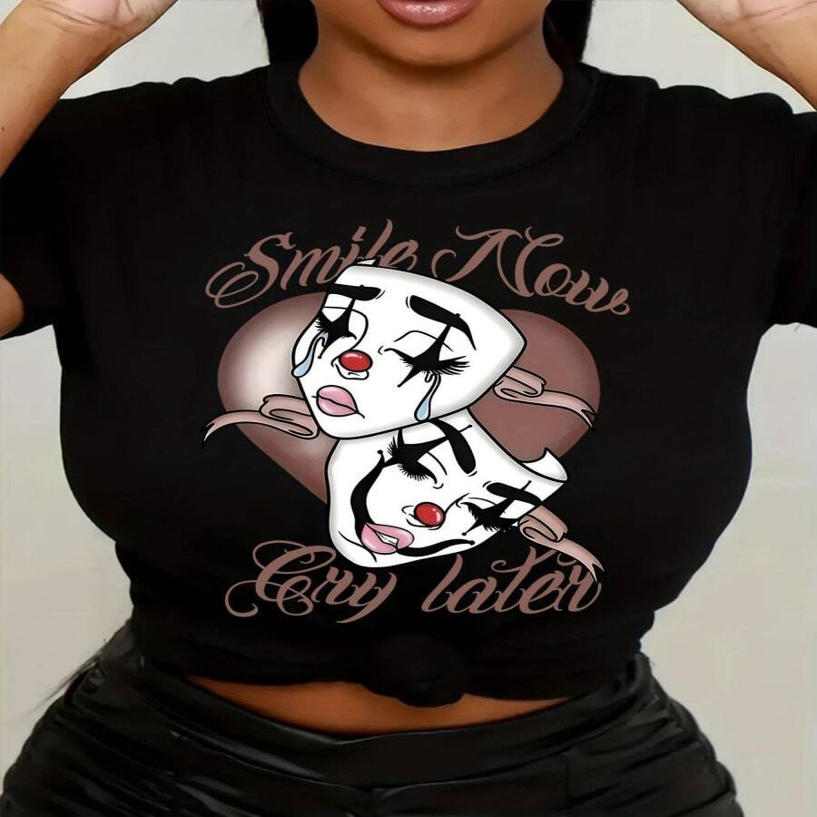 Camiseta de Manga Corta con Estampado de Máscara de Payaso, Cuello Redondo Casual para Verano y Primavera, Ropa de Mujer - Multicolor - Ver 1