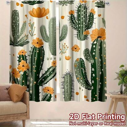 2片装仙人掌图案窗帘，复古滤光窗帘，杆袋式设计，保护隐私，适用于书房和家居装饰（不含窗帘杆），2D平面
