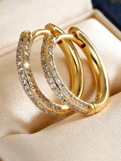 Women's Gold-Plated Half-Circle Zirconia Stone Hoop Earrings, Minimalist Fashion Style, Suitable For Daily Commute And Workwear, An Ideal Gift For Fashion Enthusiasts