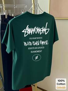 Letter Graphic Short Sleeve Mid-Length T-Shirt, Fashionable Casual Top For Women Summer - Dark Green - View 4