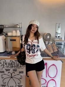 复古美式星形印花不对称领口休闲性感短袖修身时尚女式上衣 白色夏季 - 白色 - 查看 7
