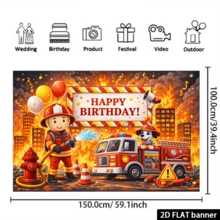 这款2D平面消防员主题生日派对横幅背景，以消防员、消防车、消防栓、交通锥、气球、火焰和烟雾元素为特色，采用耐用涤纶材质，无需电源，适用于室内/室外庆祝活动，可用作墙面装饰或拍照背景，适用于家庭聚会、办公室活动、户外派对、影棚布置、节日礼物等场合，轻便易挂，防水易清洁，装饰效果充满激情和趣味。 - 1 - 查看 6
