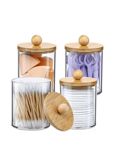 4/1 حامل أعواد القطن مع أغطية من البامبو، أوعية زجاجية شفافة سعة 10 أونصة، منظمات وحاويات تخزين للحمام لأعواد القطن والخيط السني ومشابك الشعر والدبابيس والربطات الشعر