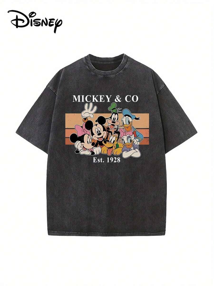 A Disney-Themed, Mickey Mouse, Minnie Mouse, And Friends Print, Washed Pure Cotton Short-Sleeved Men's Summer T-Shirt With A Distressed Effect, One-Piece Design, Pure Cotton Fabric, Comfortable And Breathable, Casual Outdoor Street Style, Crew Neck; A High-Quality Fashion Brand, It's An Ideal Surprise Gift For Friends And Family. - 黑色 - 查看 1