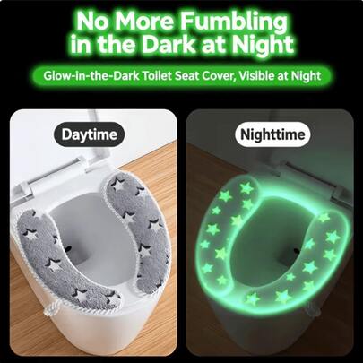2 piezas Cubierta de asiento de inodoro con diseño de estrella que brilla en la oscuridad | Incluye alfombra de baño gruesa y mullida con asa, diseño visible por la noche, disponible en varios colores, hecha de fibra de poliéster, suave y ligera