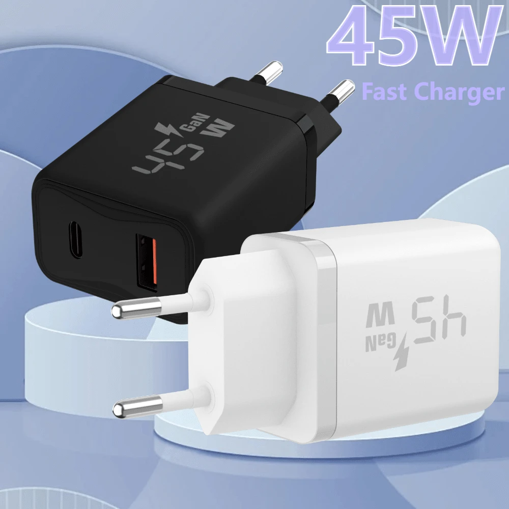 GAN 45W 双口快充充电器,支持 USB-C(PD 和 PPS)和 USB-A 快充 3.0,智能快充,小巧便携,适用于智能手机、平板电脑和笔记本电脑 - 查看 1
