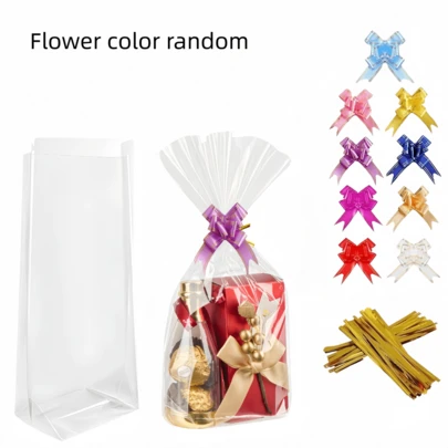 10/20 Stück Cellophan-Beutel mit goldenem Drehverschluss, bunter Schleife, transparente OPP Cellophan-Verpackung für Geschenkpräsentation, Muttertag, Erntedankfest, Geburtstagsparty Geschenktüte