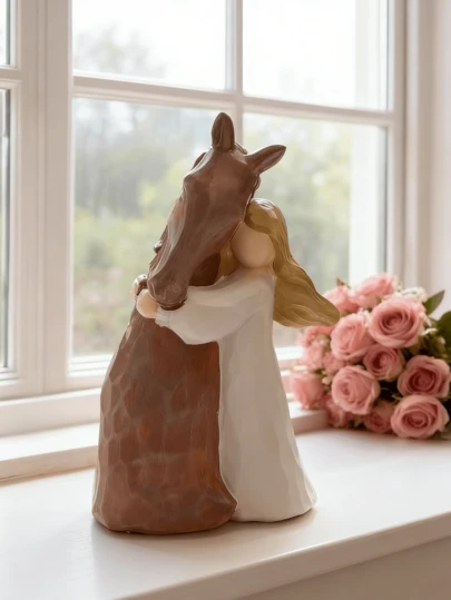 1pc Hand-Drawn Resin Girl Hugging Horse Statue - Classic Style, Indoor/Outdoor Decor For Living Room, Ideal Gift For Horseback Riders, Unique Christmas & Birthday Present, No Electricity Needed, Horseback Riding Decor | Classic Style Decor | Detailed Horse Design, Horse Decor