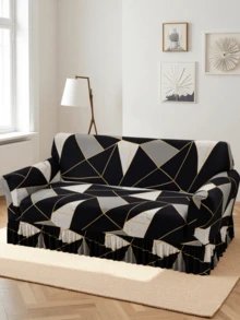 1pc Printed Ruffled Elastic Sofa Cover, Machine Washable, Protects Sofa, Dust & Dirt Resistant, Suitable For All Seasons - Black and White - View 9