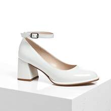 Women's High Heels, Round Toe, Chunky Heel, Single-Strap Buckle, Solid Color, Simple Style, Elegant And Unique, Suitable For Parties And Banquets, As Well As Everyday Commuting. Shipped From Local Warehouse. - 白色 - 查看 3