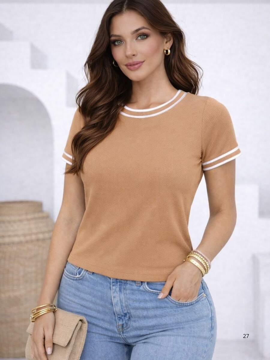 Women's Short-Sleeve Blouse In Ribbed Knit Fabric With Round Neck And Neck And Sleeve Details - Beige - View 1