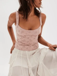 Women Summer Crop Tank Tops Y2k Eyelet Floral Square Neck Backless Vest Top Slim Fitted T Shirt Going Out Tops Tight Lace Up Camisole Beach Vacation Tops Streetwear Aesthetic Clothes - 粉色 - 查看 3
