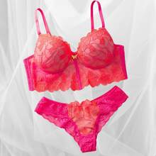 Bra And Panty Set With Padded Cups, Embroidered Tulle, Floral Lace, Elegant Women's Cropped Lingerie Set, Women's Cropped Corset With Wire, Non-Removable Padding, Embroidered Push-Up Bra, Cool, Breathable, High Support, Medium Support, Women's Lingerie Set - 玫瑰紅 - 查看 9